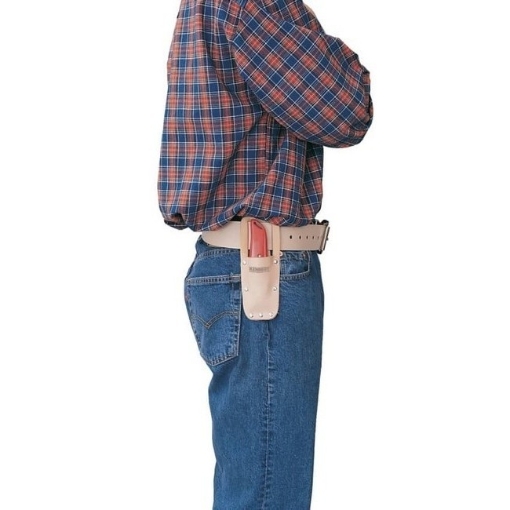 Supplywise durable leather trimming knife pouch for tradesmen similar to the Sa Ladder tan leather single-pocket knife pouch with belt slits.