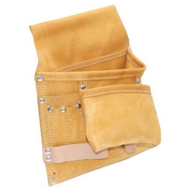 Supplywise 7-pocket tan leather tool belt 280 x 270 mm similar to the Cashbuild tan suede 7-pocket leather tool pouch with nail pocket.
