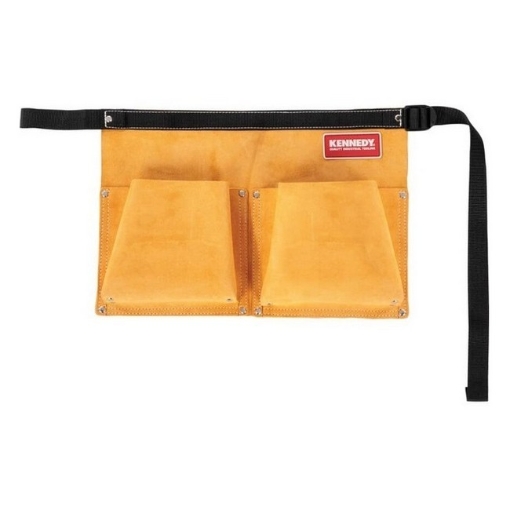 Supplywise leather 2-pocket tool belt for carpenters similar to the Mica tan leather 2-pocket nail pouch with adjustable nylon belt loop.