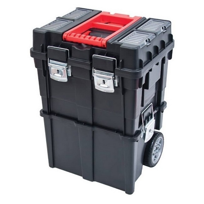 Supplywise wheeled mobile toolbox with organisers similar to the Chamberlains wheeled plastic mobile toolbox with four organisers and locking handle.
