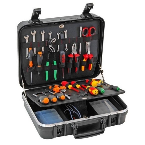 Supplywise Lockable large plastic tool case for electricians similar to the Adendorff large black lockable tool case with two hinged tool boards