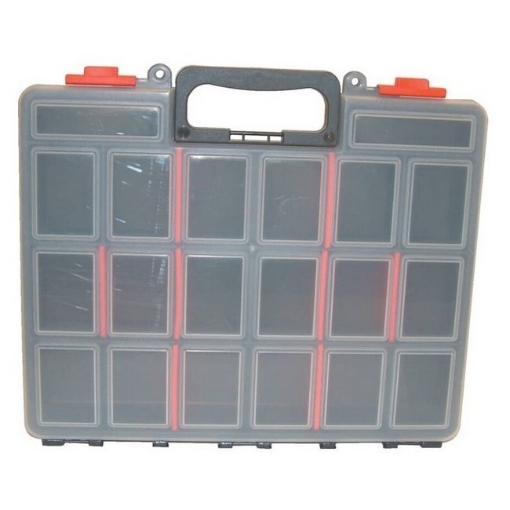Supplywise 16-compartment small parts organiser box similar to the Makro plastic small parts organiser with 16 compartments, black and red