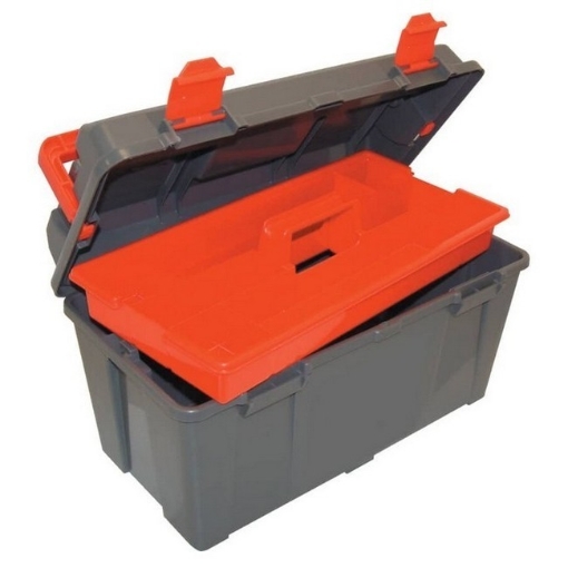 Supplywise Lockable plastic tool box similar to the Sa Ladder lockable plastic toolbox with eight-compartment tote tray.