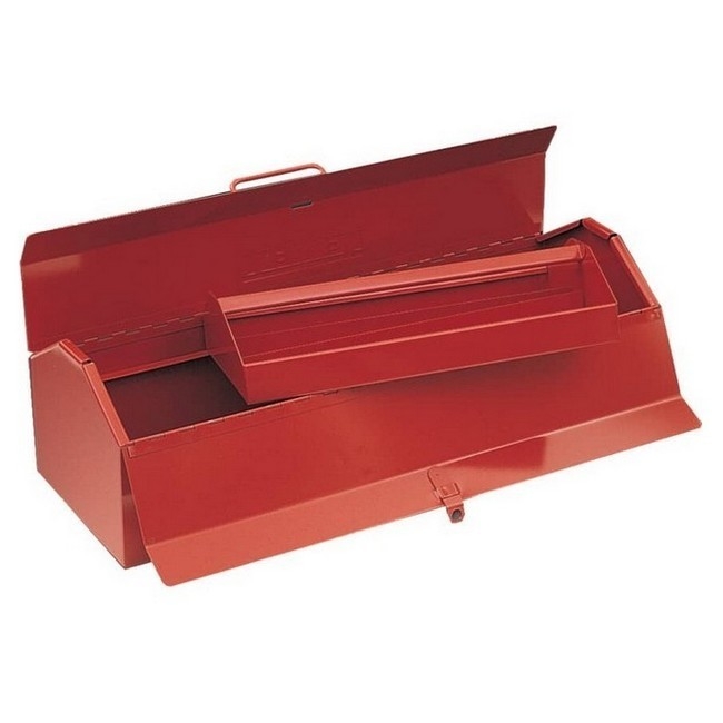 Supplywise heavy-duty steel toolbox with removable tote tray similar to the Mica red steel barn-style toolbox with removable tote tray and handle
