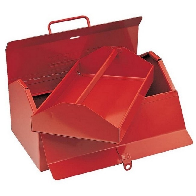 Supplywise heavy duty steel tool box with removable tray similar to the Buco red steel barn-style toolbox with removable tray, 48 cm