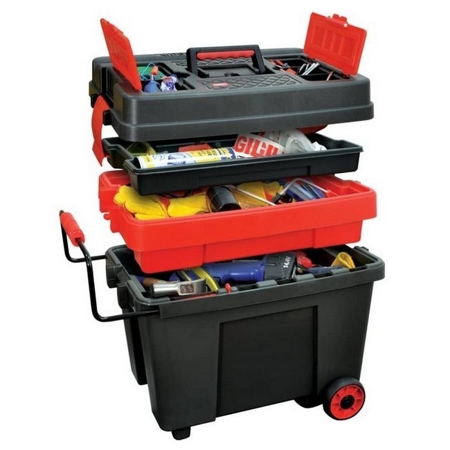 Supplywise lockable mobile toolbox with wheels similar to the Leroy Merlin lockable mobile toolbox with tow handle and wheels, black/red