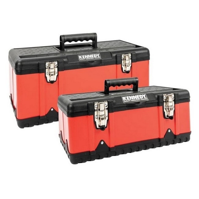 Supplywise heavy-duty plastic toolbox with tote tray similar to the Castor And Ladder red and black toolbox with tote tray, v-groove and metal latches.