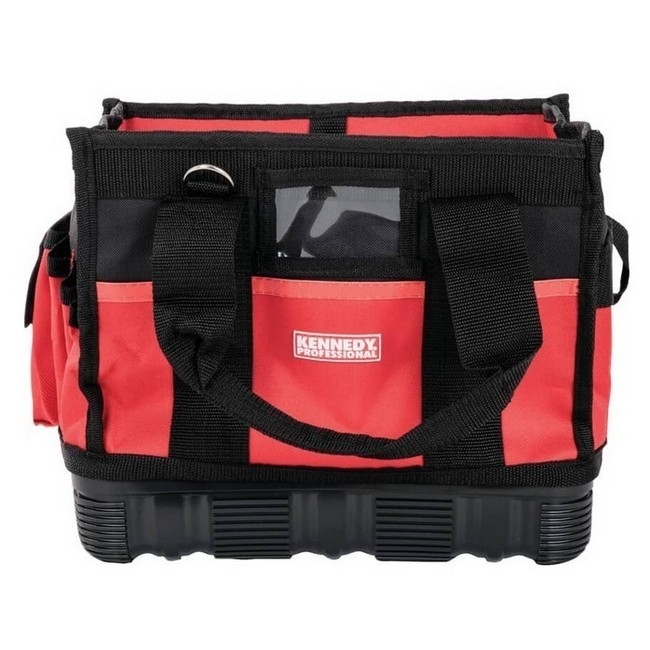 Supplywise heavy-duty tradesman tool tote bag 13 pockets similar to the Chamberlains black and red 13-pocket polyester tool tote with shoulder strap