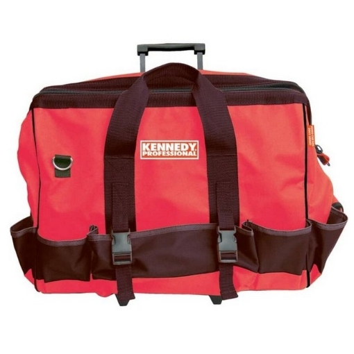 Supplywise heavy-duty wheeled tool bag 26 pockets similar to the Builders Warehouse red and black wheeled tool bag with 26 pockets and telescopic handle.