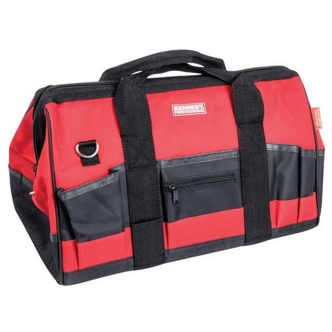 Supplywise heavy-duty 28-pocket tool bag similar to the Sa Ladder black and red 28-pocket 600d polyester tool tote with padded strap.