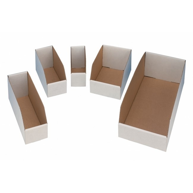 Supplywise white cardboard storage bins with writable panel similar to the Buco white corrugated cardboard storage bin with writable front panel.