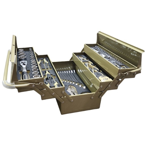 Supplywise 76-piece professional tool kit for mechanics similar to the Castor And Ladder 76-piece professional steel cantilever toolbox in khaki for workshops.