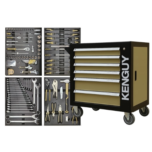Supplywise 155-piece lockable roller tool cabinet with 6 drawers similar to the Caslad 155-piece 6-drawer black and khaki steel roller tool cabinet